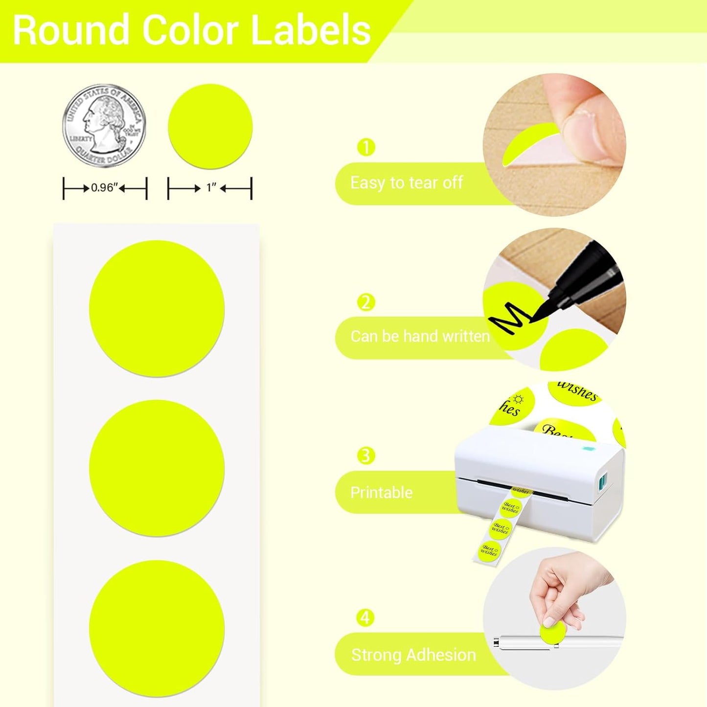 1 Inch Circle Dot Stickers 1000 PCS Color Coding Thermal Labels Dots Writable Printable Small Round Stickers for Office, Classroom, Inventory, Garage, Organizing Storage, Fluorescent Yellow