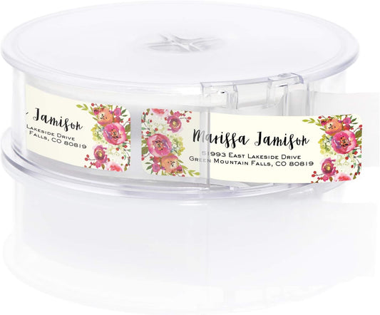 Vibrant Floral and Ivory Rolled Address Labels/Roll of 250 Personalized Address Labels/Designer Return Address Stickers in Elegant Plastic Dispenser - Lumora Desk