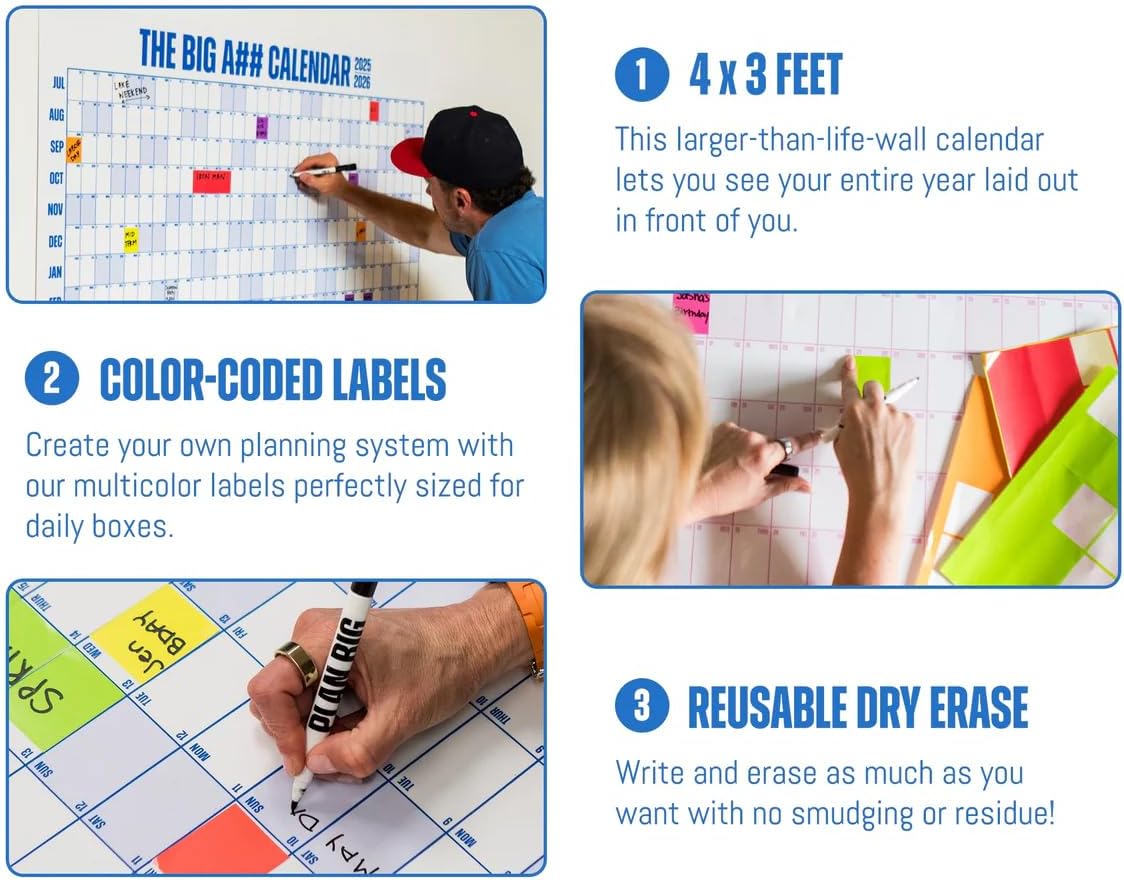 The Big A Calendar Yearly Wall Planner – January to December Dry-Erase Board – Includes 1 Marker & 100 Labels – Lightweight, Easy to Hang Yearly Planner – Plan Goals & Adventures – Gray, 4’x3’