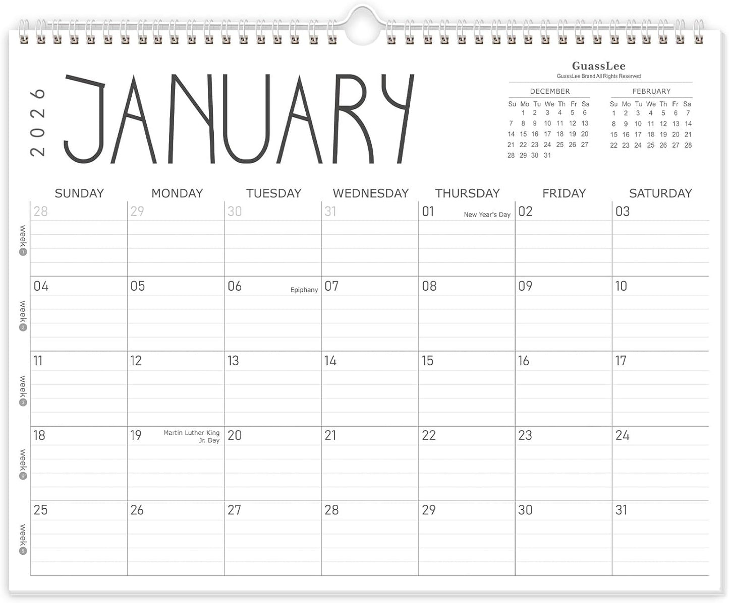 GuassLee Wall Calendar 2026, 2026 Calendar Wall from Jan. 2026 to Dec 2026, 14" X 11" Paper Monthly Planner Wall Hanging Calendar with Thick Paper for Office Home Planning & Organizing