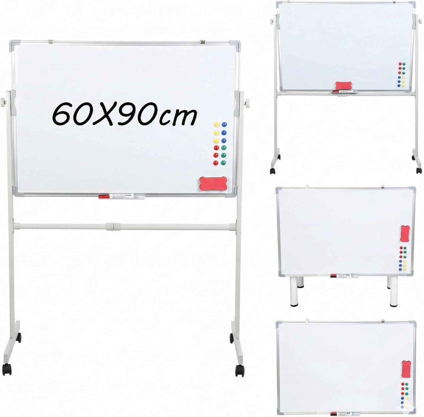 Rolling White Board with Stand 24 x 36, Magnetic Dry Erase Board on Wheels, Double Sided Mobile Whiteboard Easel, Height Adjustable Standing Board for Classroom Office Home (White)