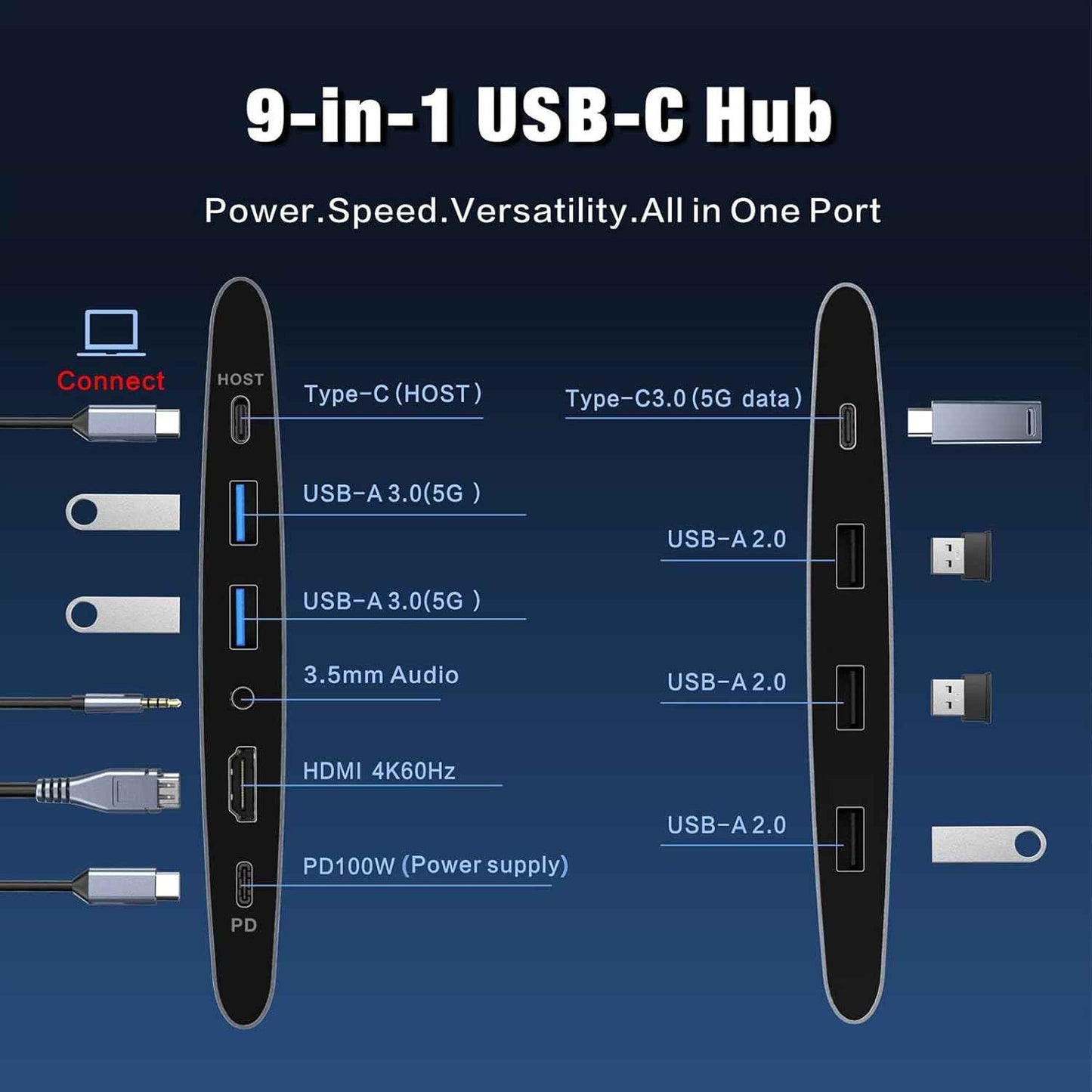 USB-C Hub Laptop Stand with Fan, Aluminum Laptop Riser with Docking Station 9-IN-1, 4K@60Hz HDMI, 100W PD Charging, USB 3.0, 3.5mm Audio, 360° Swivel, for MacBook Pro/Air, iPad Pro & Type-C Laptops