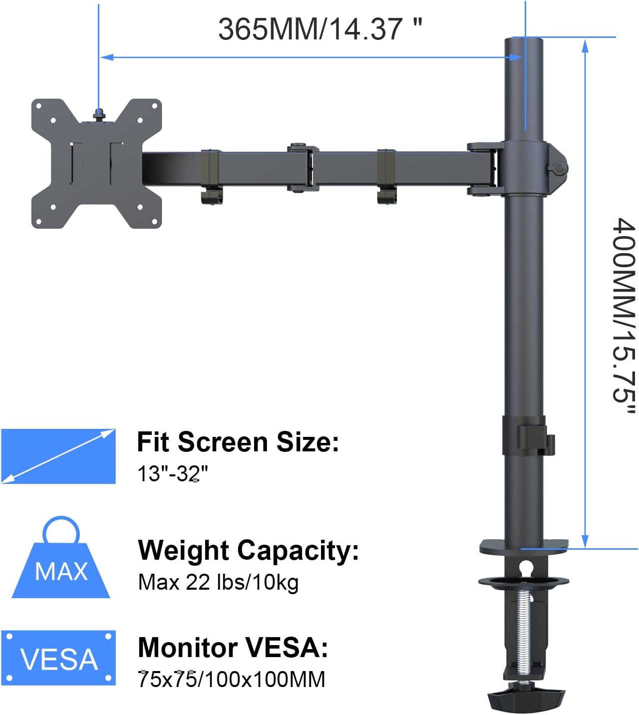 Suptek Single LED LCD Monitor Desk Mount Heavy Duty Fully Adjustable Monitor Stand for 1 / One Screen up to 27 inch