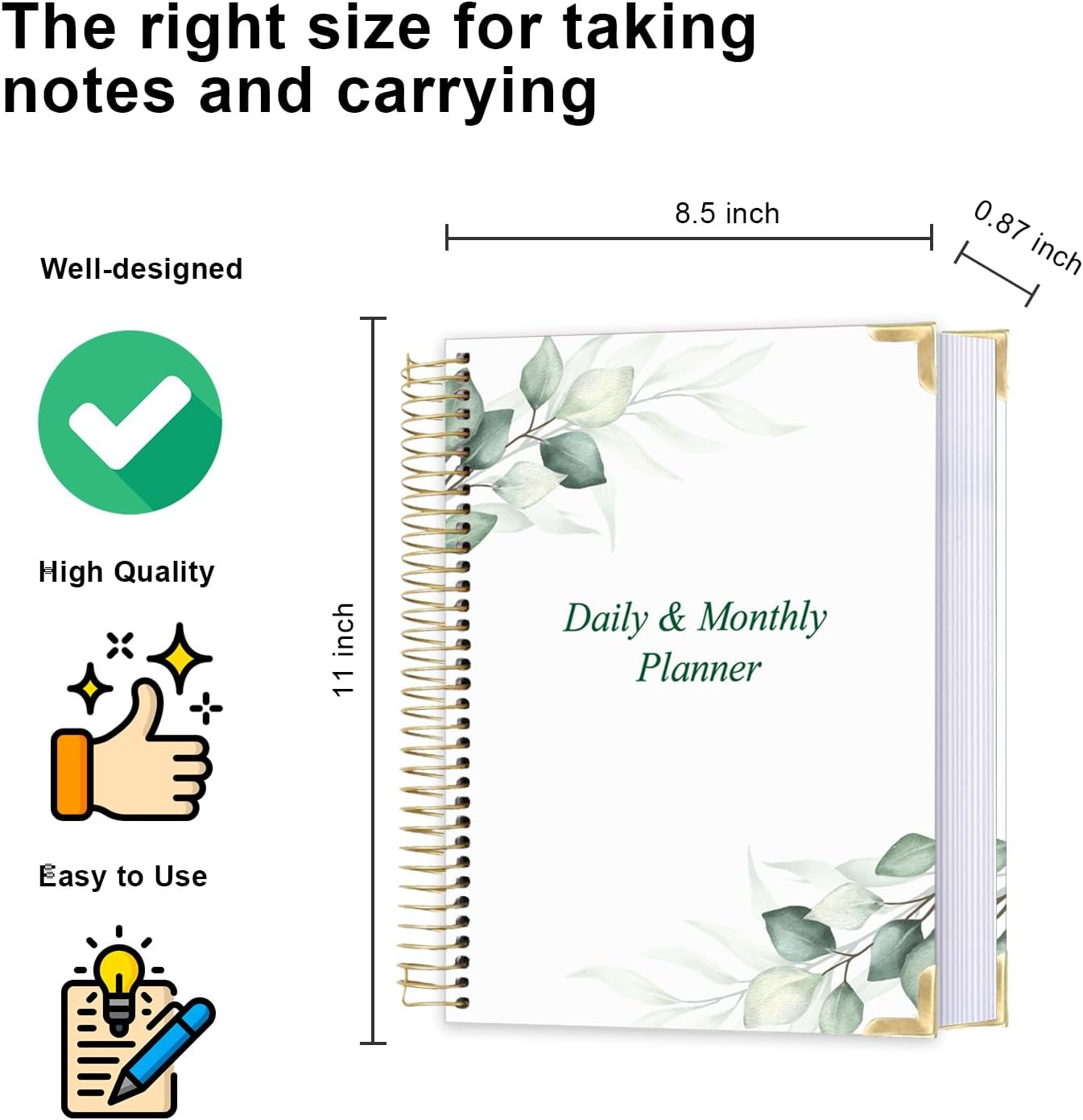 Undated Daily Monthly Planner for 2025 2026 - A4 To Do List with Hourly Schedule, Hardcover Spiral Bound Daily Planner to Increase Focus, Stylish School/Office Supplies, 8.5" x 11", Green Leaf