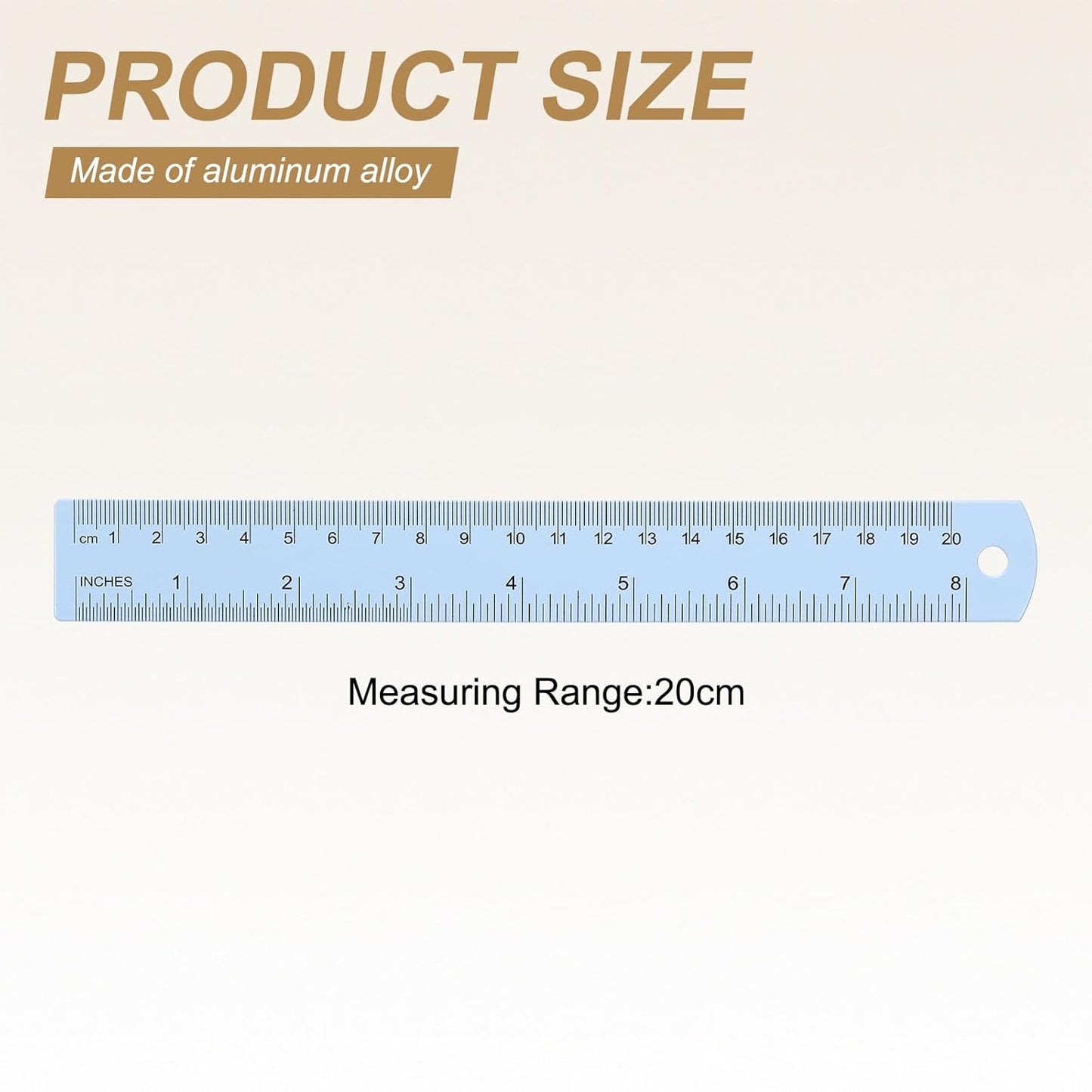 HARFINGTON 6pcs Metal Straight Ruler 20cm Metric SAE Aluminum Alloy Measuring Rulers Scale Tool with Hole for Measure Study Reading Classroom Office, Light Blue