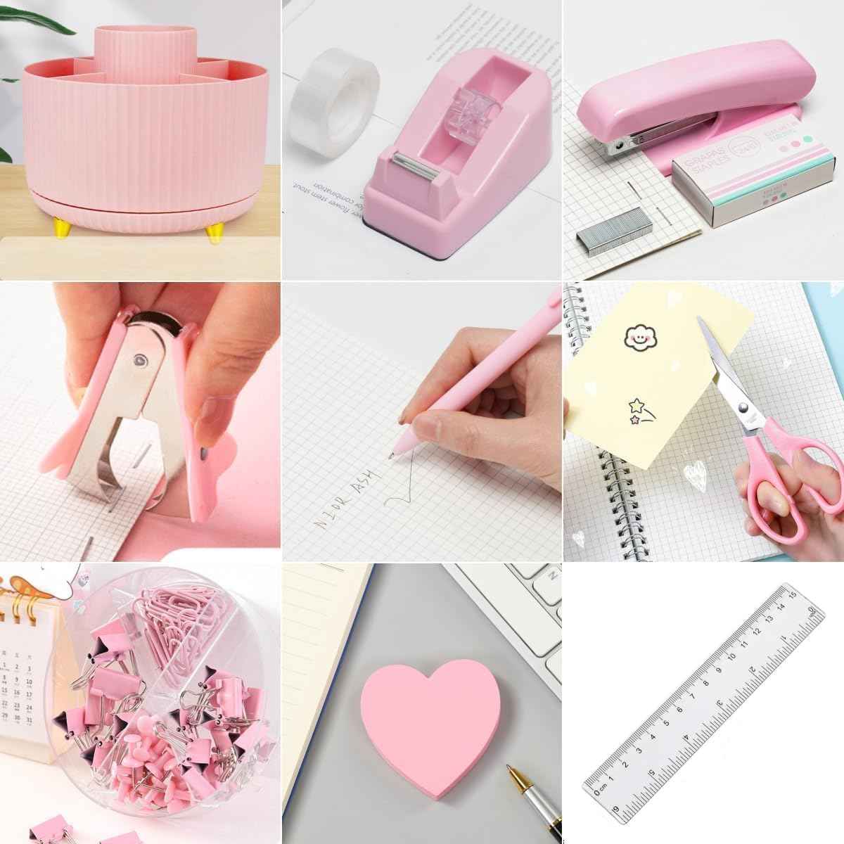 Pink Office Desk Accessories, 15pcs Office Supplies 360°Pen Holder , Stapler, Staple Remover, Tape Dispenser,Tape Refills, Binder Paper Clips Kit, Scissor, Cute Desk Accessories for Women Gift Set