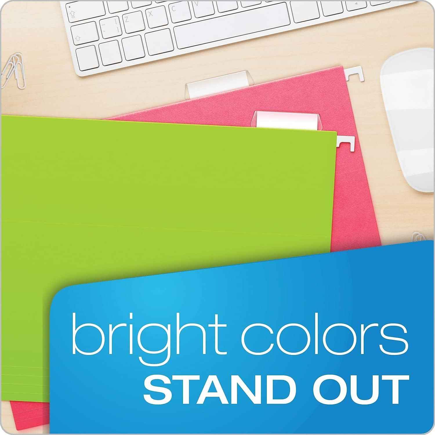 Pendaflex Hanging File Folders, 25-Pack, Letter Size, Bright Neon Assorted Colors, Document Organization for Home Office and School Supplies, Includes Clear Tabs with Labels, 1/5-Cut Adjustable