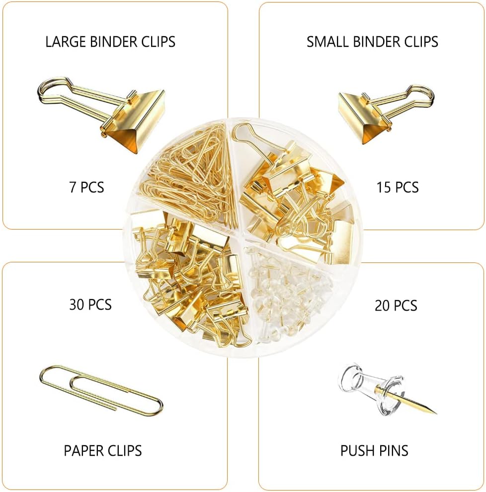 Gold Paper Binder and Clips Set, Metal Assorted Sized Binders with Push Pins, Cute Office Supplies, Teacher Desk Must Haves, Desk Accessories