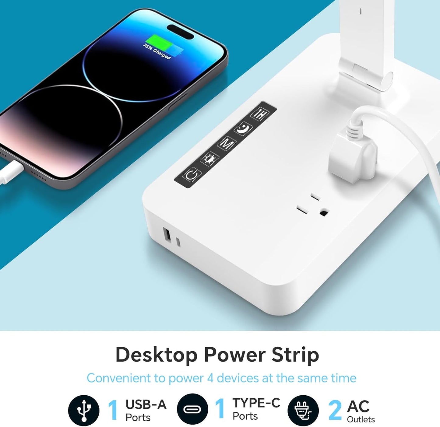 Power Strip with LED Desk Lamp, 2 Outlets 1 USB-A Ports 1 Type-C Ports, Small Desk Lamp with Surge Protection and Led Display, 5ft Extension Cord, 5 Color Modes 5 Brightness, Dorm Room Essentials