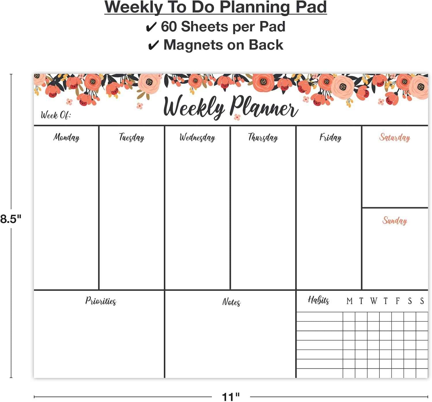 Global Printed Products 8.5" x 11" Horizontal To-Do List and Weekly Planning Pad, 60-Sheets, Peach & Pink Floral