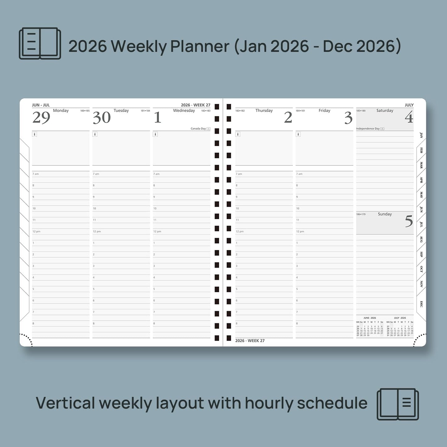 POPRUN 2026 Planner (Large - 8.5" x 10.5") with Hourly Schedule, Vertical Layout - 2026 Weekly Calendar (Jan. 2026 - Dec.2026) for Time Management, Monthly Tabs, Spiral Bound, Soft Cover - Grey