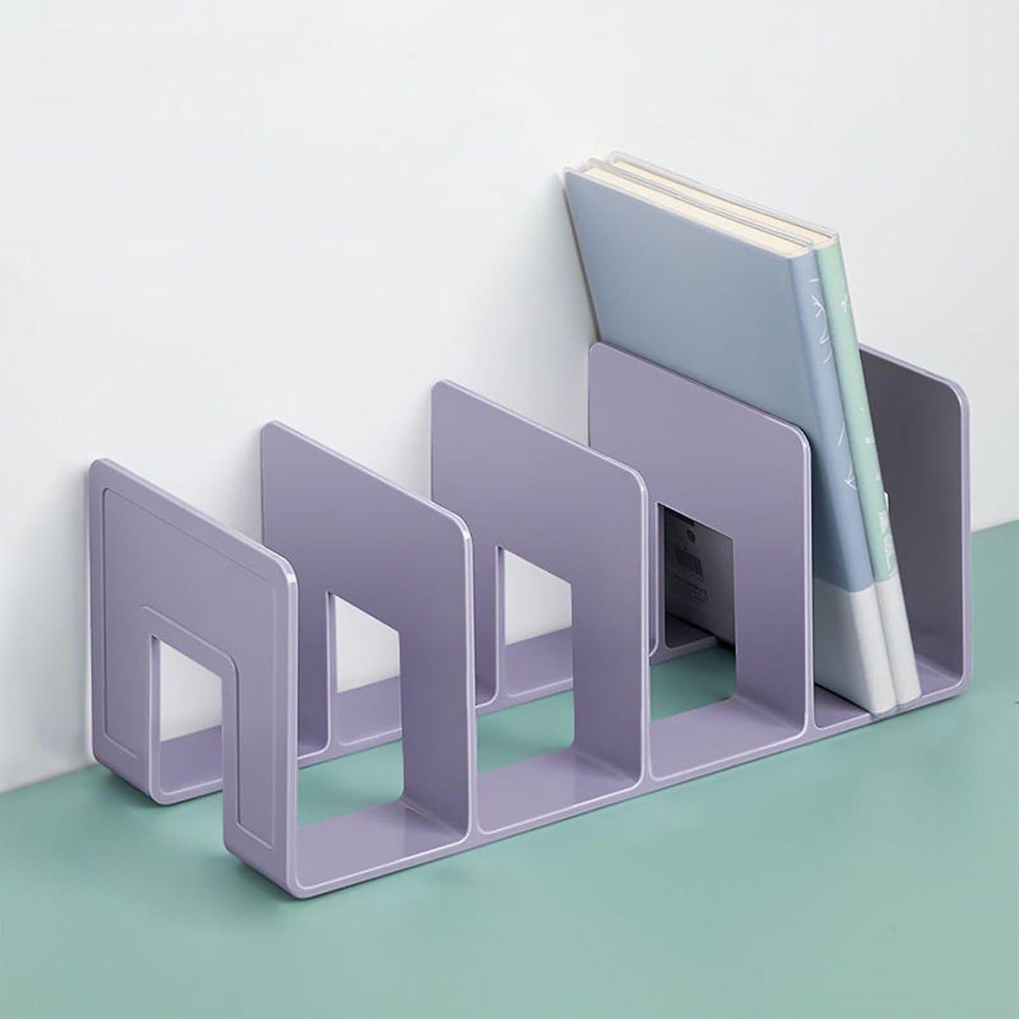 2PCS Acrylic File Organizer for Desk, Desktop Document/Mail Organizer, 4 Compartments Plastics Invisible Bookshelf Floating (12.5" x 5.7" x 5", Purple)