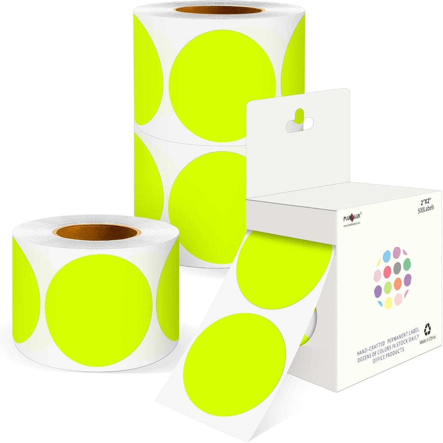 PARLAIM 2 inch Round Color-Code Dot Sticker Labels, 4 Rolls 2000 Adhesive Label Pack in Dispenser Box, Fluorescent Yellow