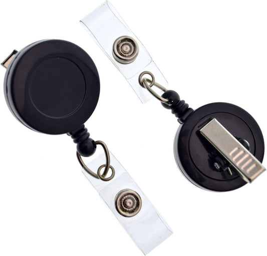 Bulk 100 Pack - Bulk Premium Black Retractable Name Badge Reels with Alligator Swivel Clip & Vinyl Card Holder Strap by Specialist ID