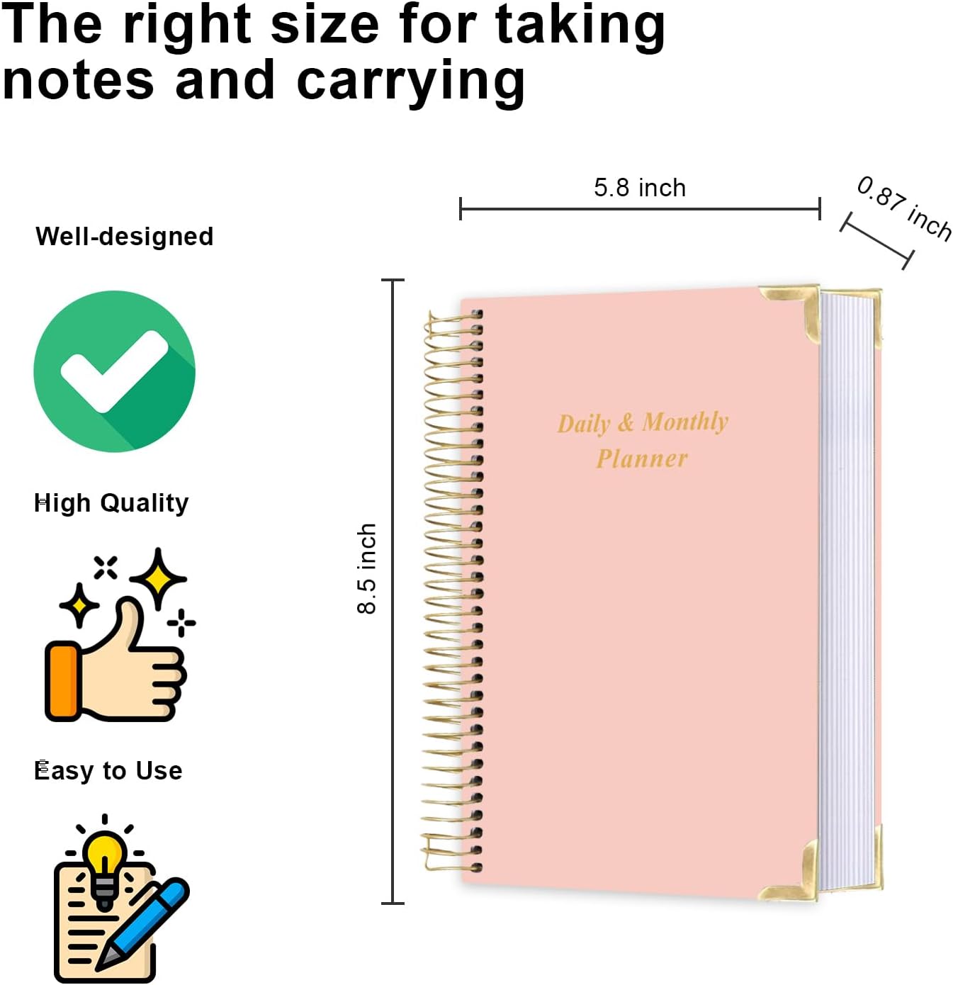 Undated Daily Monthly Planner for 2025 2026 - A5 To Do List with Hourly Schedule, Hardcover Spiral Bound Daily Planner to Increase Focus, Stylish School/Office Supplies, 5.8" x 8.5", Pink