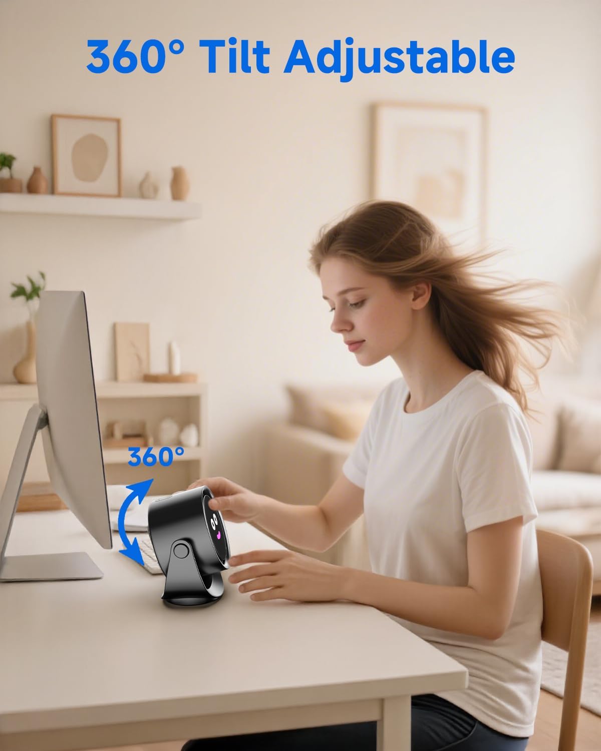 YOSHENMO Portable Desk Fan for Bedroom, Turbo Table Fans with smile icon LED Display, 6-inch, 5-Speed Strong Airflow, Low Noise, 360° Adjustable Tilt, Suitable for Home, Office, Outdoor, Ink Black