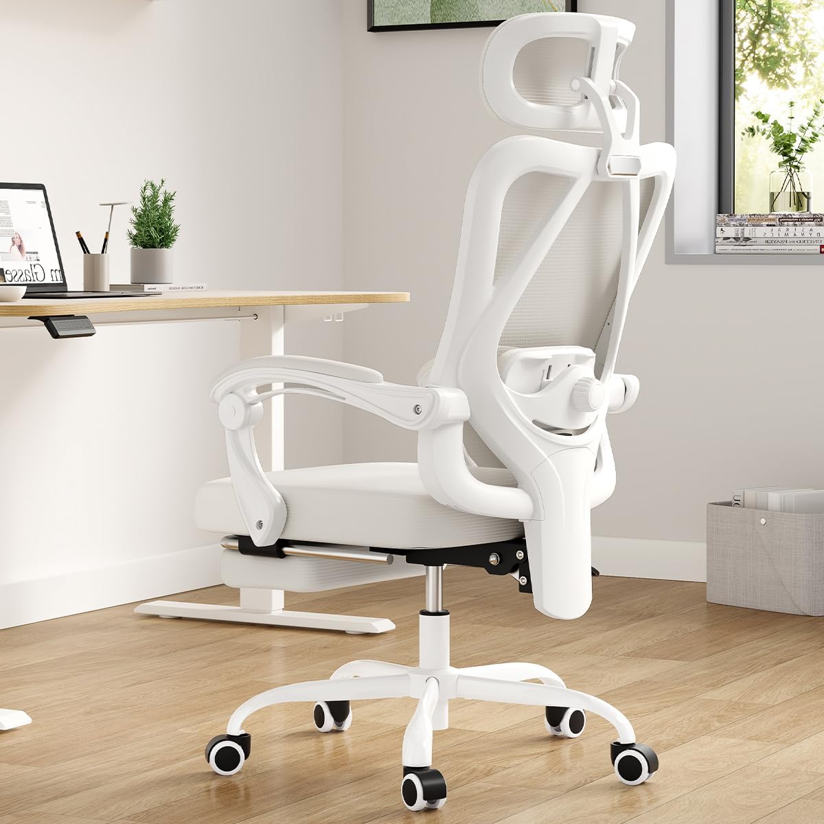 Ergonomic Office Chair with Footrest, Mesh Office Desk Chair with Headrest, High Back Computer Chair with Adjustable Lumbar Support for Home Office Study Room or Bedroom, Beige