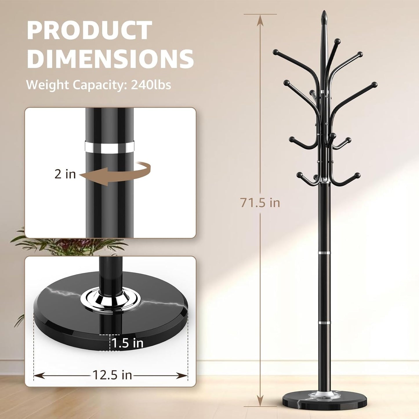 Heavy Duty Coat Rack with Marble Base, Freestanding Hall Coat Tree with 12 Hooks and 3 Adjustable Sizes, Metal Coat Rack Stand for Entryway, Bedroom, Office Hanging Purses, Coats, Scarves, Hats