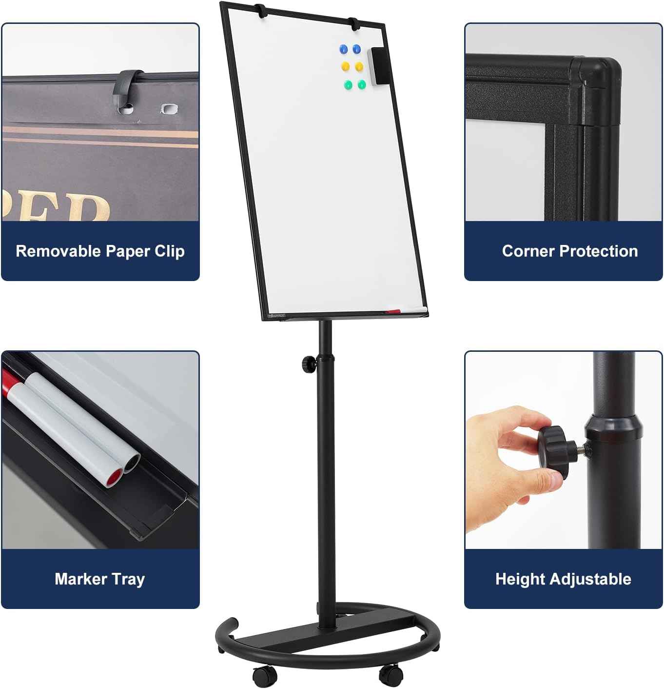 TSJ OFFICE Mobile Whiteboard Standing - 36 X 24 Inches Magnetic Rolling White Board, Height Adjustable Dry Erase Board on Wheels with Flip Chart Hooks, Black