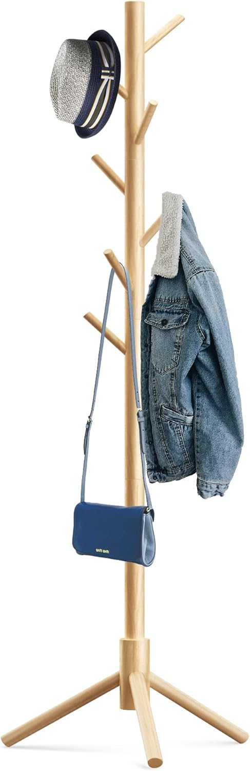 Wooden Tree Coat Rack Stand,Sturdy Freestanding Coat Rack with 8 Hooks,3 Adjustable Height for Child Adult,Wood Coat Stand Tree Fits Entryway Bedroom Office for Bags,Hats - Lumora Desk