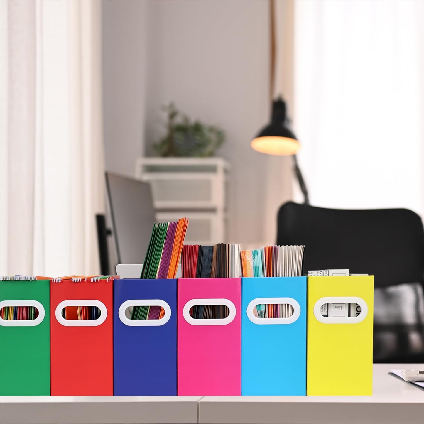 Collapsible File Organizer Box with Handle – Cardboard Hanging File Folder Storage Crate for Desk, Office, School, or Home – Colorful Portable Filing Box, Document Organizer, Magazine Holder