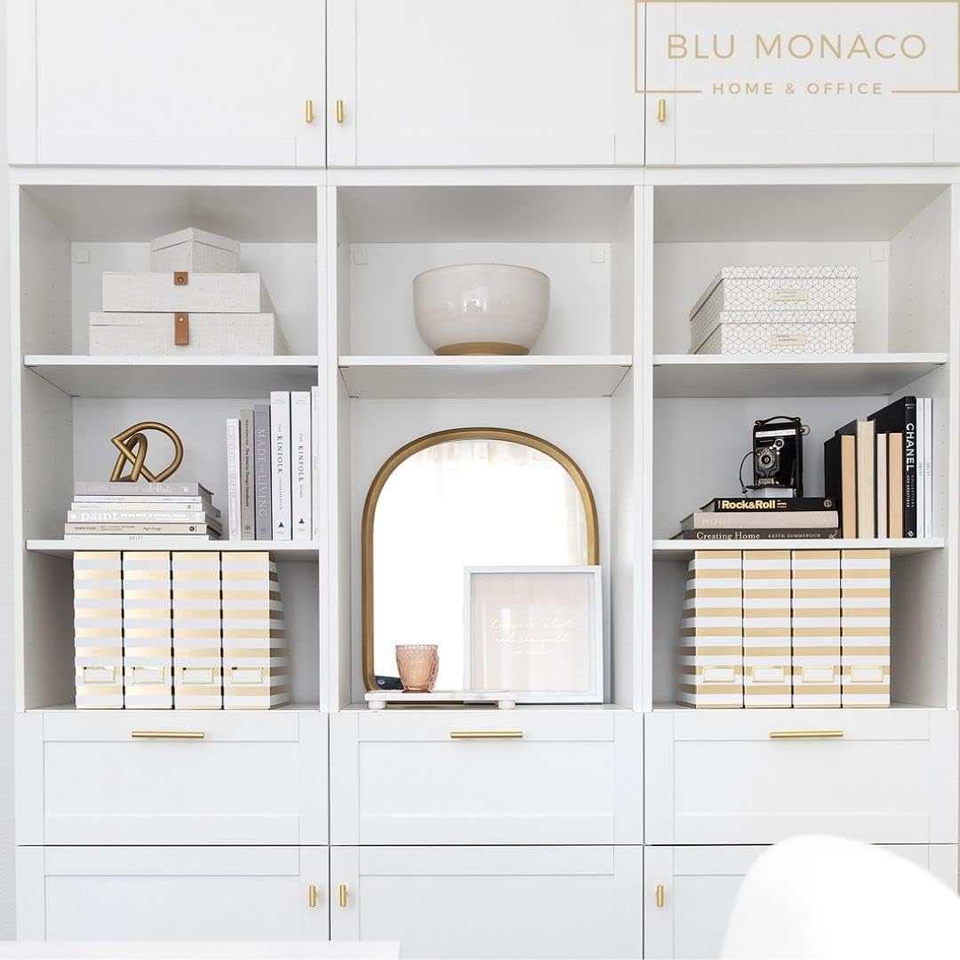 BLU MONACO Set of 4 Gold & White Striped Magazine File Boxes with Gold Label Holders – Stylish File Organizer Box for Desk, Office Supplies, File Folder Holder, and Book Organizer