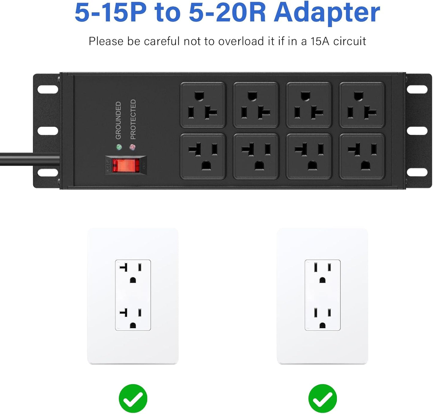 CCCEI Magnetic Heavy Duty Power Strip Surge Protector 20Amp, 12 Gauge High Amp Extension Outlets, Garage Wall Mount 8 Plug Metal Power Strip. 6FT, Black, 5-15P Adapter 6-20R T-Slot 20a for Appliance