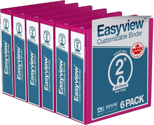 Easyview Premium 3-Ring Binders with Clear-View Covers and Round Rings, Binders for School or Office, 2 Inch, Pack of 6, Pink