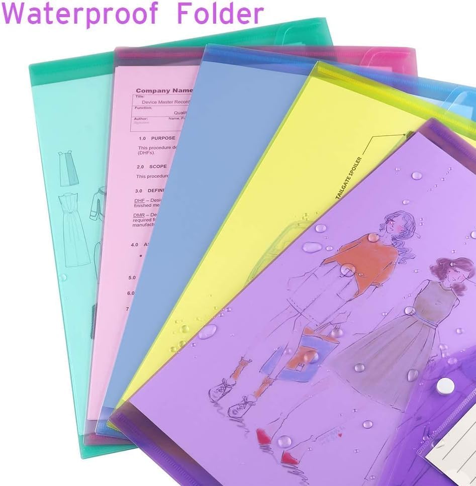 Sooez 48 Pack Folders Plastic Envelopes, Clear Plastic File Folder for Document, Letter A4 Size Poly File Envelopes with Label Pocket, Snap Button for Home Work Office Organizer, 8 Assorted Colors