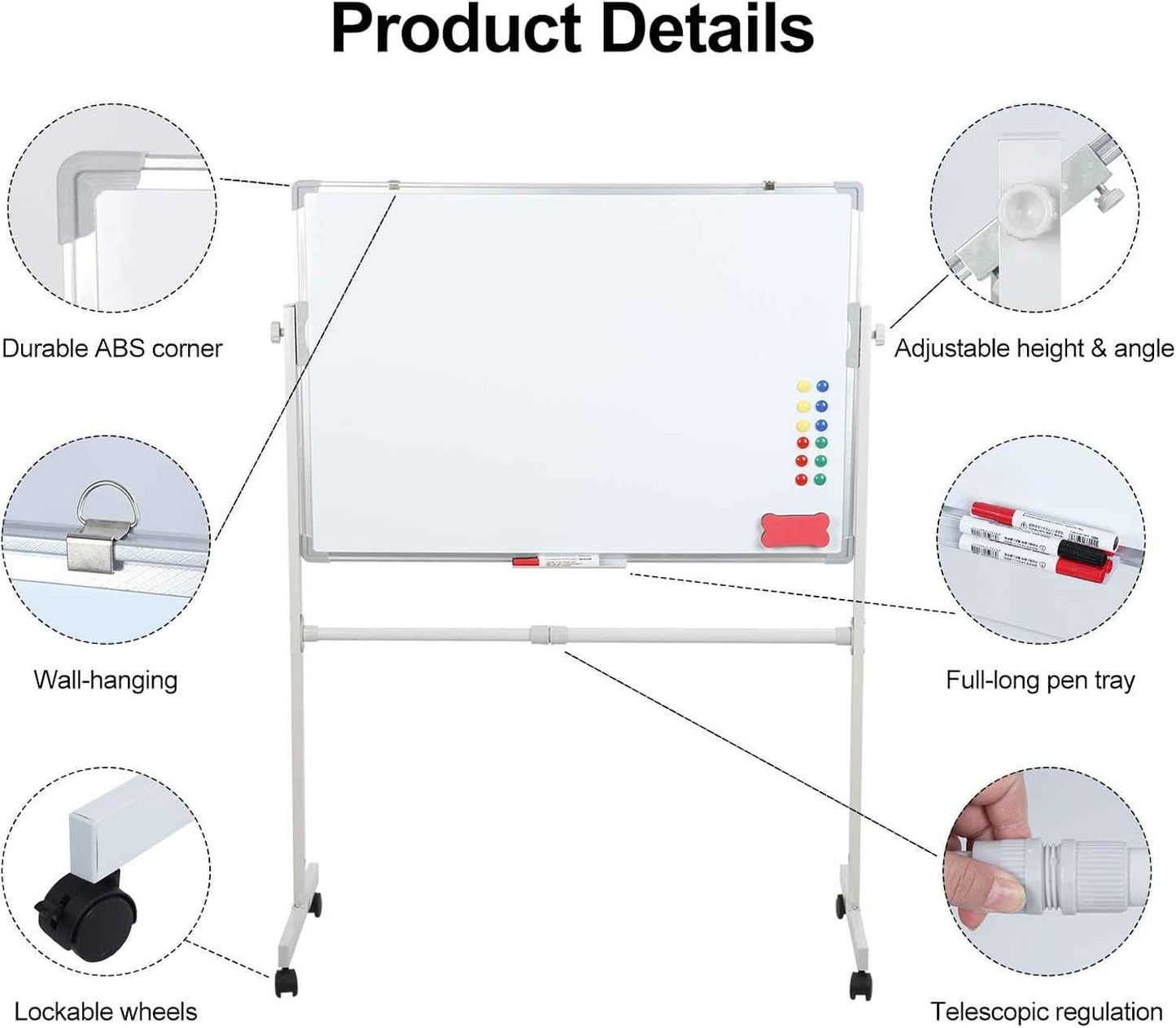 Rolling White Board with Stand 24 x 36, Magnetic Dry Erase Board on Wheels, Double Sided Mobile Whiteboard Easel, Height Adjustable Standing Board for Classroom Office Home (White)