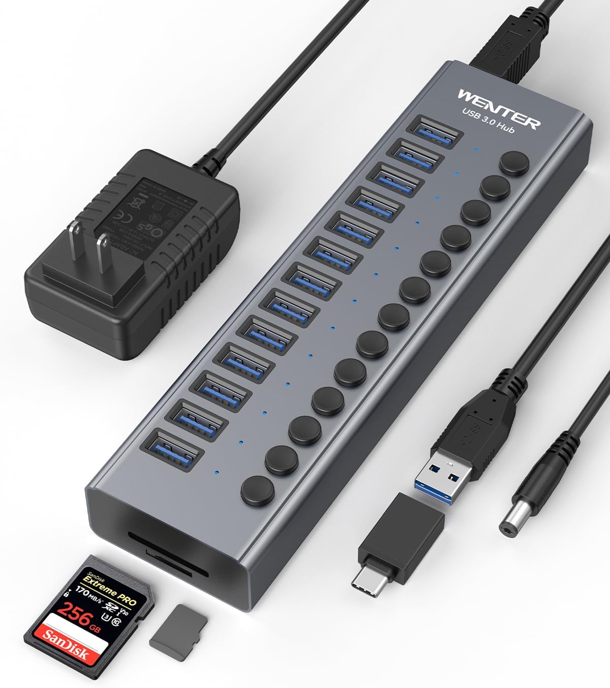 Powered USB 3.0 Hub, Wenter 13 Ports Powered USB Hub with SD/TF Card Reader, Aluminum USB Splitter with Individual On/Off Switches, 12V/3A 36W Power Adapter for PC/Laptops