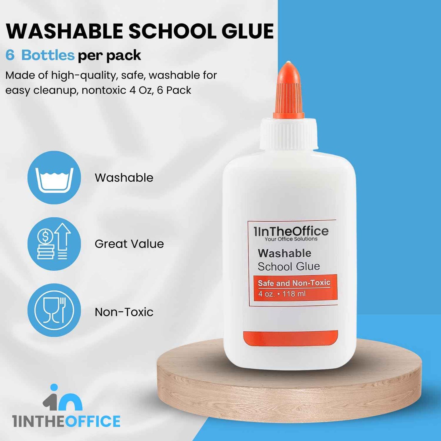 1InTheOffice White School Glue Bottle, Washable Liquid School Glue, Non-Toxic, 4 oz./ 118 ml, 6 Pack