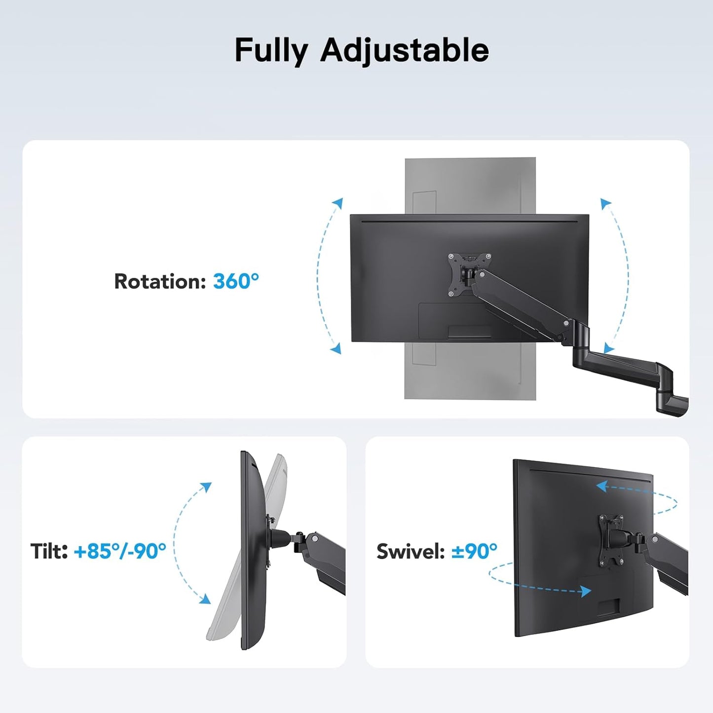 HUANUO Triple Monitor Mount for 17 to 32 inch Screens, Gas Springs Adjustment Triple Monitor Stand with Swivel, Tilt, Rotation, Clamp & Grommet Kit (Black)