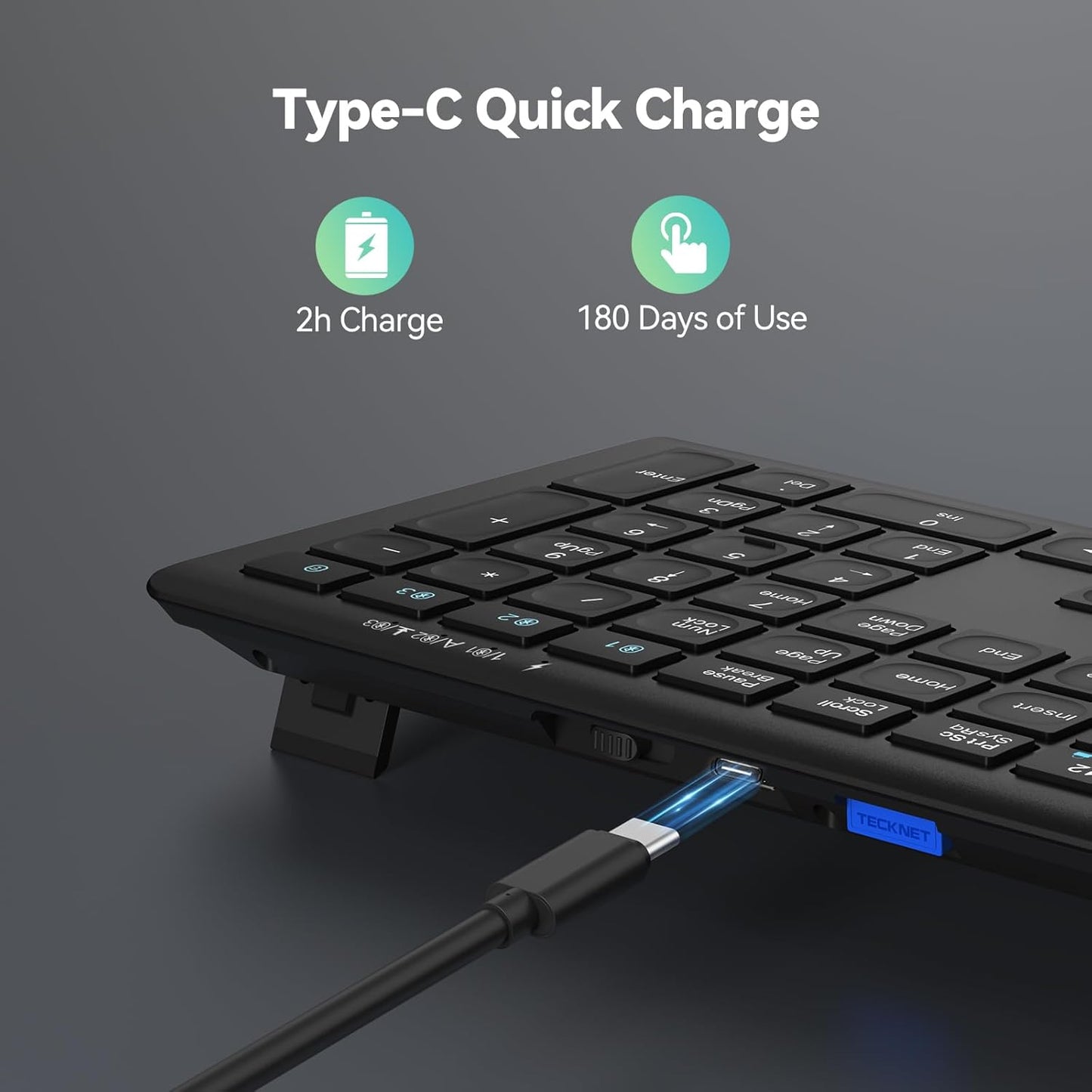 TECKNET Bluetooth Keyboard Rechargeable, 4-Device (2.4G+BT) Wireless Keyboard, Full Size Computer Keyboard with Stand, Ultra-Slim Quiet Typing, for PC/Laptop/Smart TV/Phone/Tablet, 12 Hotkeys