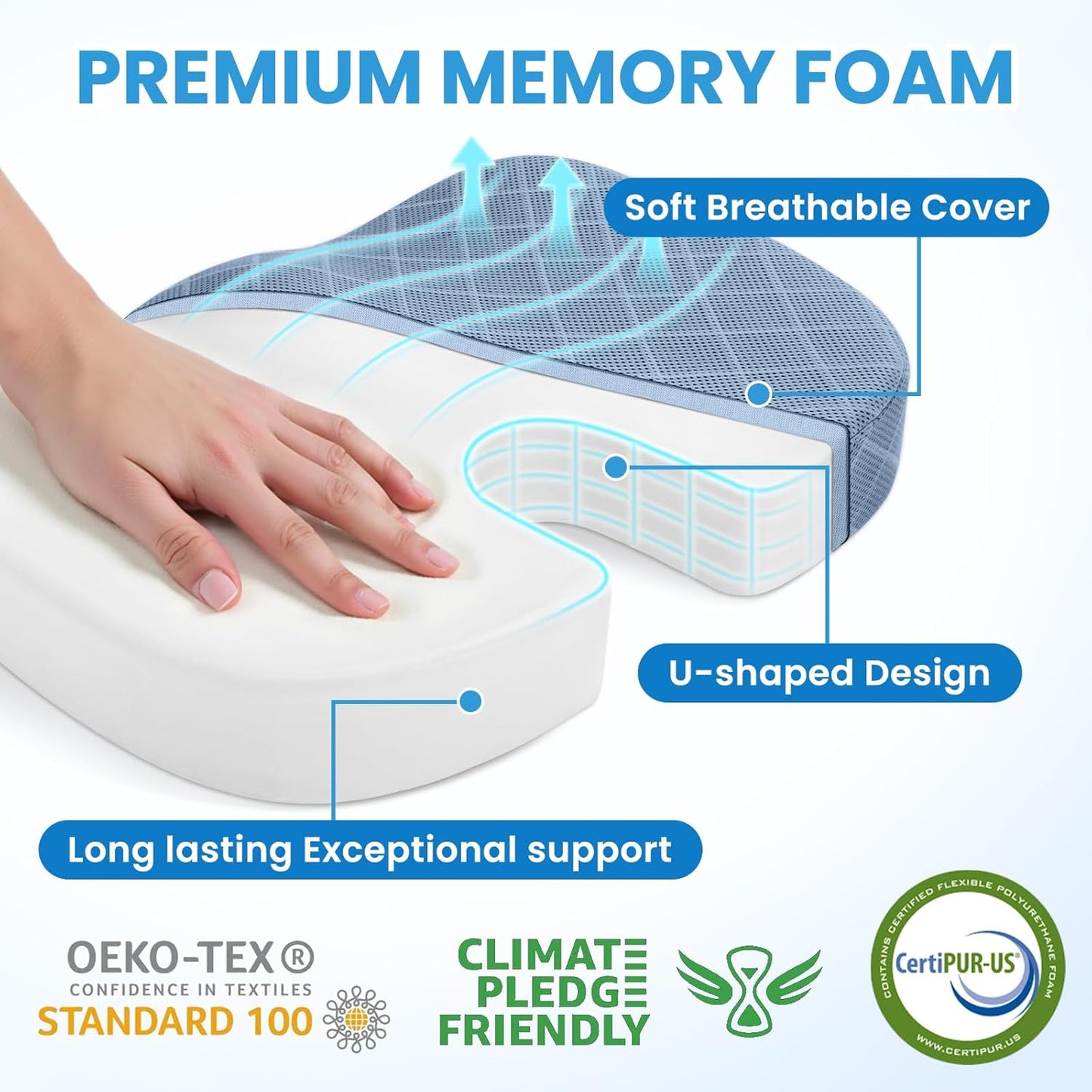 TushGuard Office/Car Seat Cushion, Non-Slip Sciatica & Back Coccyx Tailbone Pain Relief Chair Pad, Memory Foam Butt Pillow for Computer Desk, Wheelchair, Driving (Light Blue)