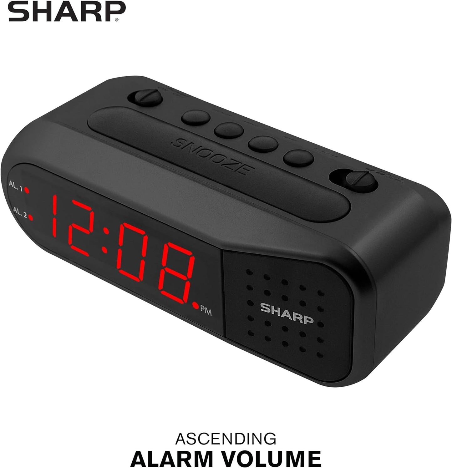 Sharp Digital Alarm Clock – Black Case with Red LEDs - Ascending Alarm Grows Increasing Louder, Gentle Wake Up Experience, Dual Alarm - Battery Back-up, Easy to Use with Simple Operation