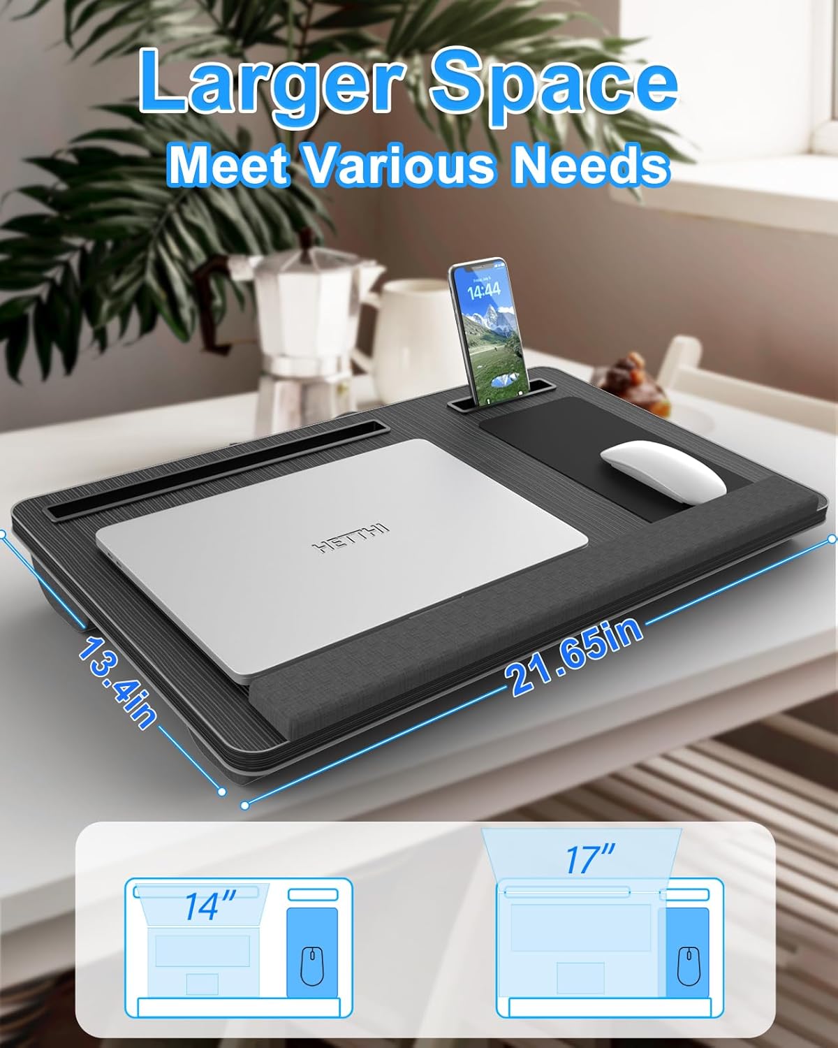 Laptop Lap Desk, Portable Large Laptop Desk for Bed, Up to 17 Inch Lap Pad Tray with Wrist Rest, Mouse Pad, Tablet Phone Slot, Portable Handle, Cushion (Black)