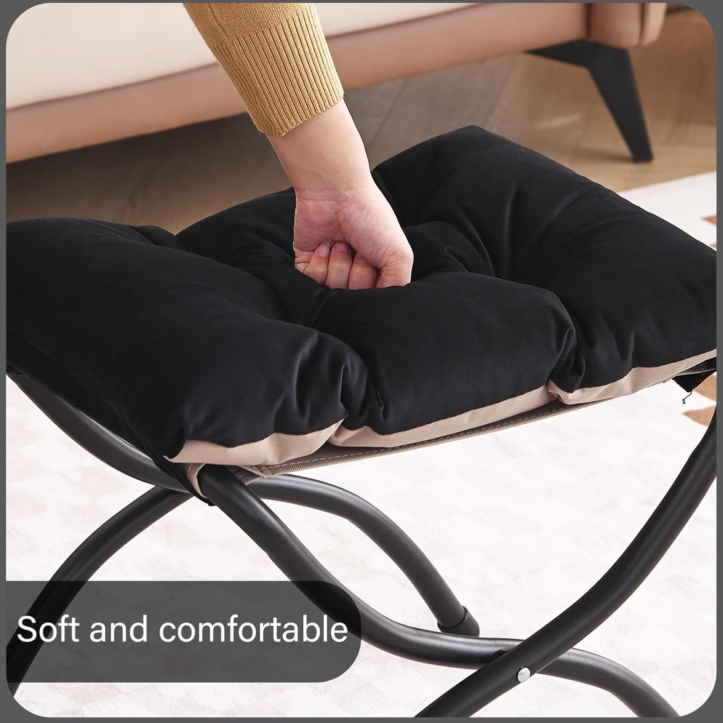 LITA 2 Pcs Folding Upholstered Footrest Stool, Modern Small Portable Accent Ottoman with Detachable Thick Cotton Cushion, Padded Sofa Stool with Metal Frame, Living Room & Bedroom,Velvet Black