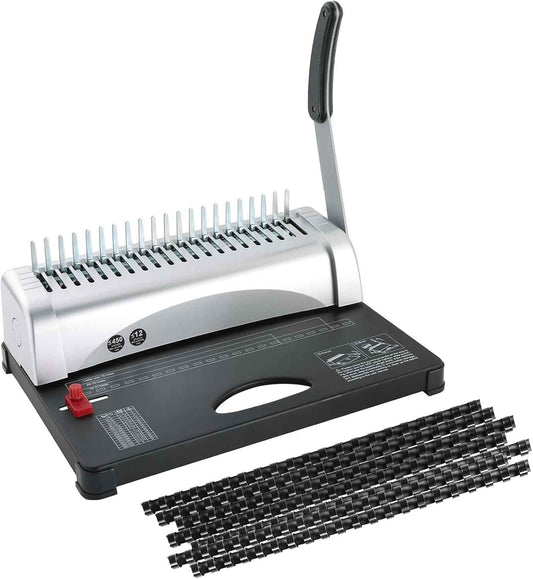 FLKQC Comb Binding Machine, 21-Hole Paper Punch Binder Machine with 100PCS 3/8'' Plastic Comb Spines, Manual Book Binding Machine for Letter Size, A4, A5 Paper, Ideal for Booklet Binding