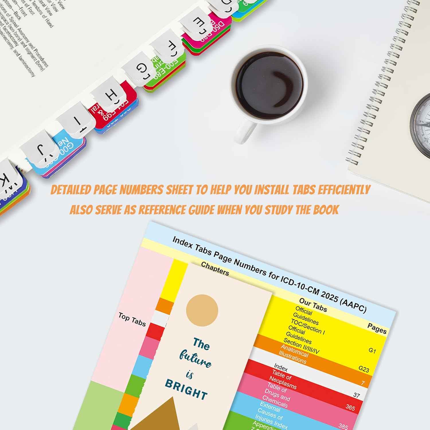 Upgraded Index tabs for AAPC Version 2025 ICD-10 -CM, 96 Book Tabs, Color-Coded with Alignment Card & Page Numbers Sheet & Bookmark, Laminated Durable, Book Not Included