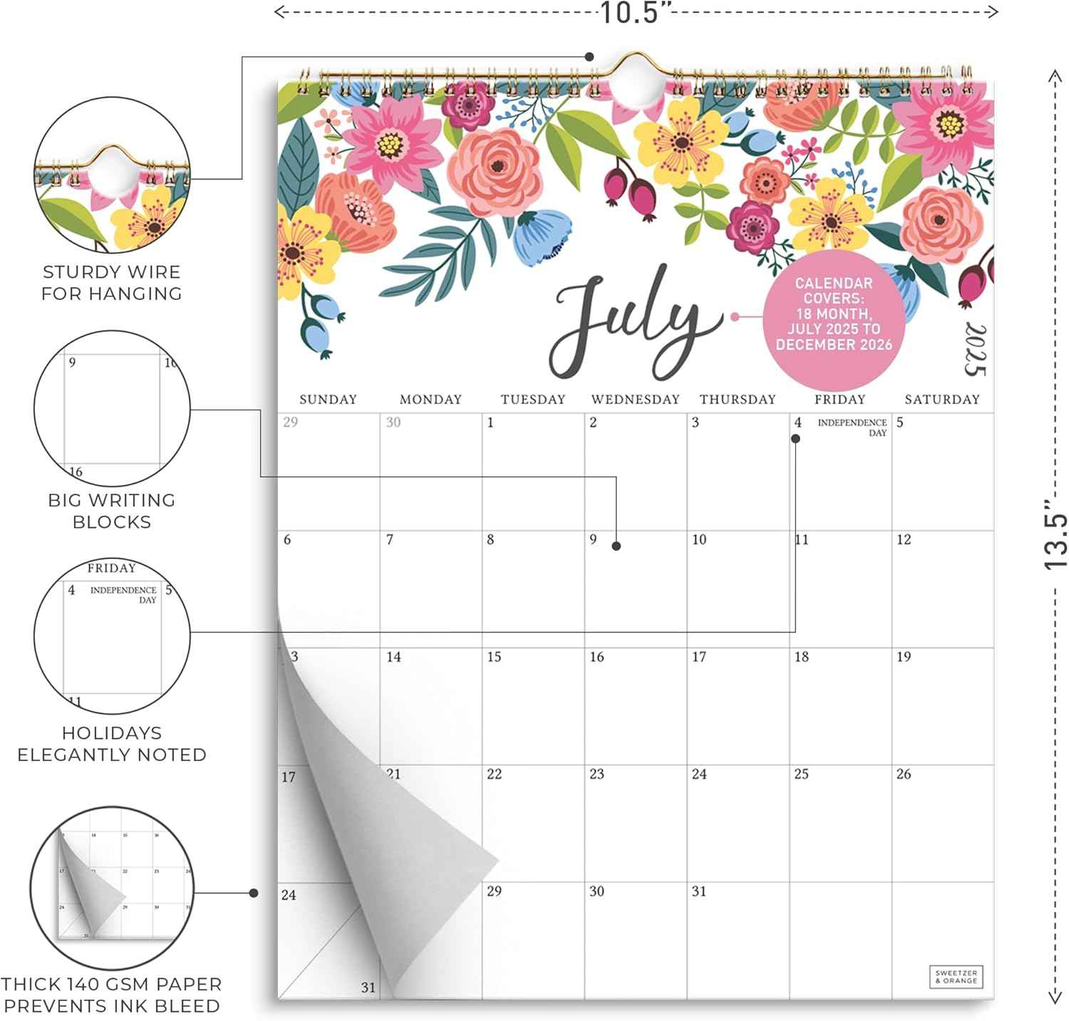 S&O Vertical Floral 2026 Wall Calendar - Tear-Off Monthly Calendar through December 2026-18 Month Academic Wall Planner - Hanging Organizer to Track Anniversaries & Appointments - 13.5"x10.5”in