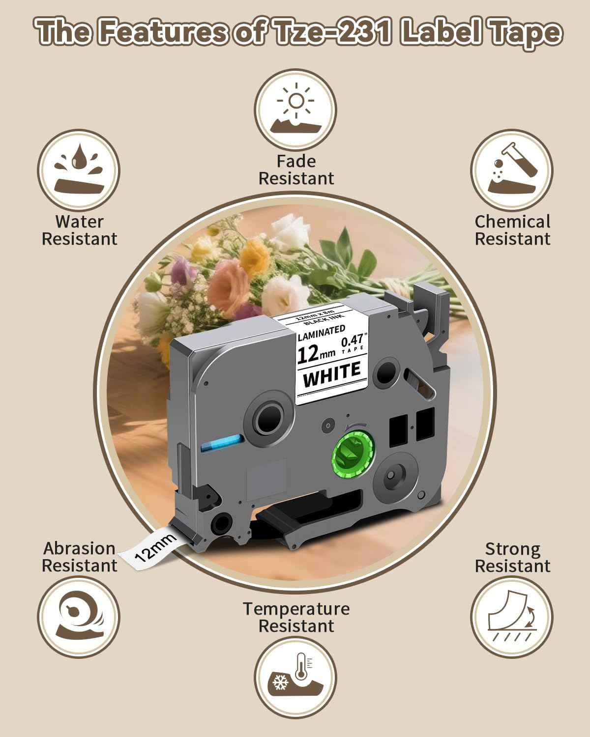 6-Pack TZe-231 TZ Tape 12mm 0.47" Laminated White P Touch Label Compatible for Brother P Touch Label Maker Tape for PTouch Label Maker PTD210 H110 D220 D600 D400 D410 2040, Black on White