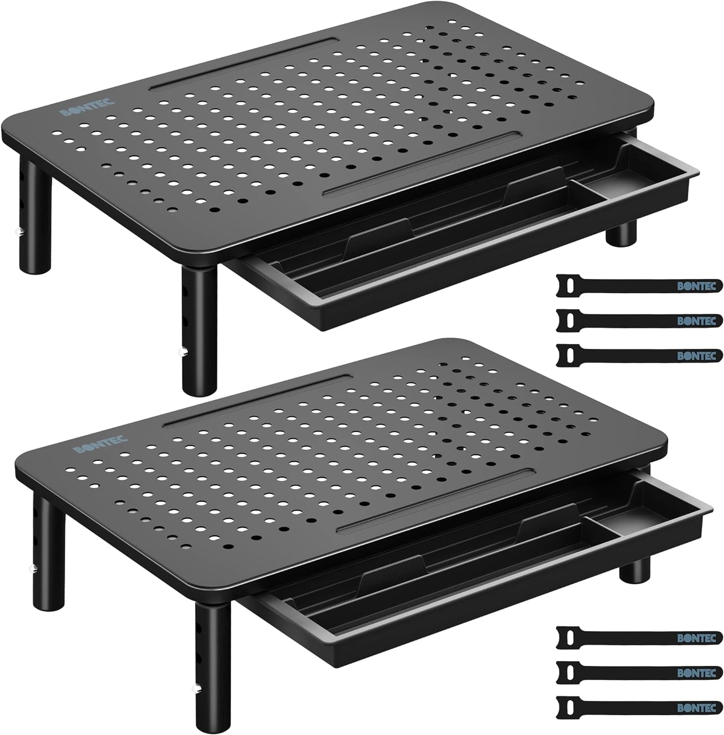 BONTEC 2 Pack Adjustable Monitor Stand Riser with Drawer, Ergonomic Mesh Platform for Laptop, PC, iMac, Printer, Supports up to 44 lbs/20kg with Cable Management Included