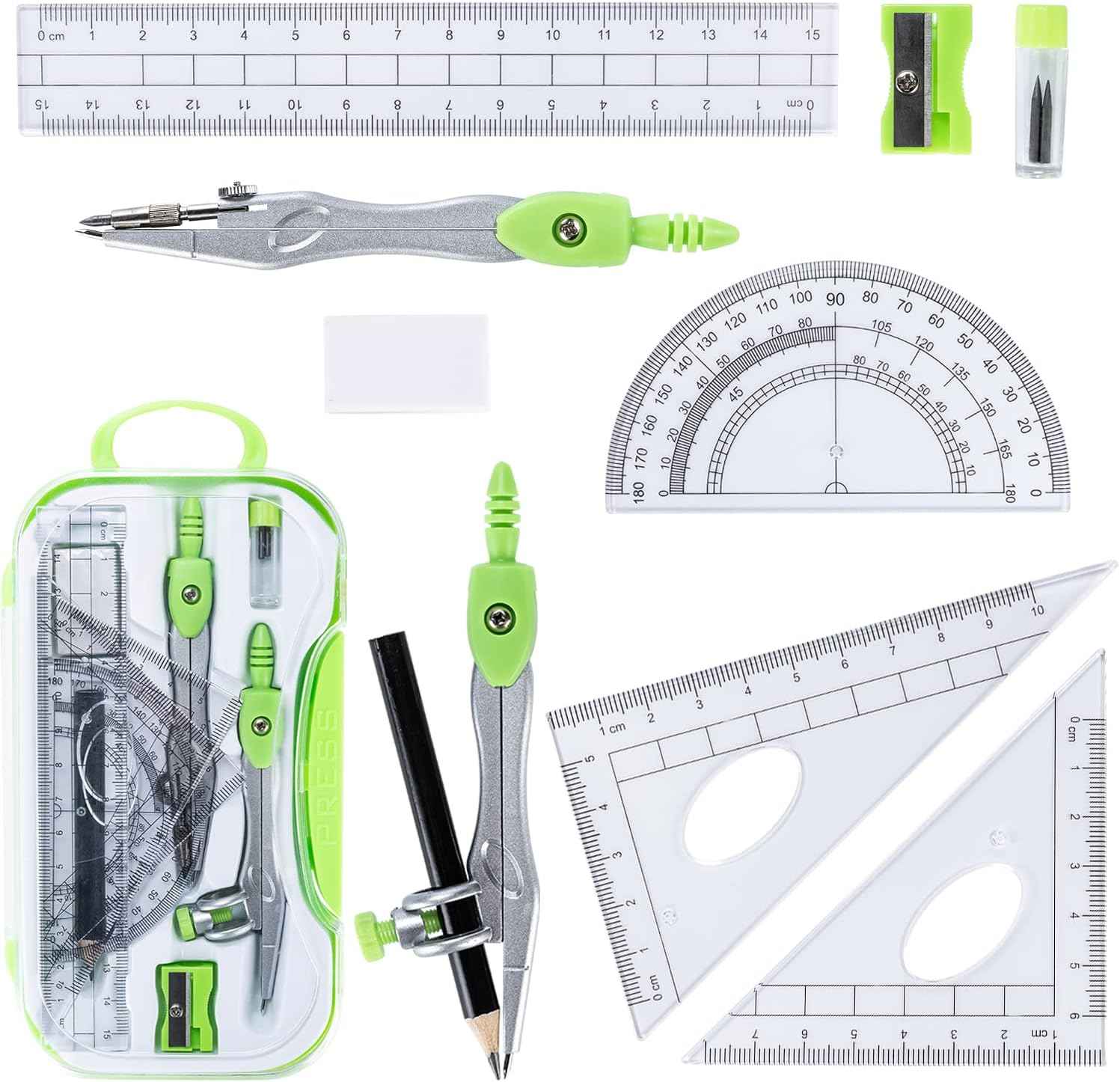 10 Pieces Math Geometry Kit Set with Shatterproof Storage Box, Student Supplies Includes Rulers,Protractor,Compass,Pencil Sharpener,Lead Refills,Pencil,Eraser for School and Drawings
