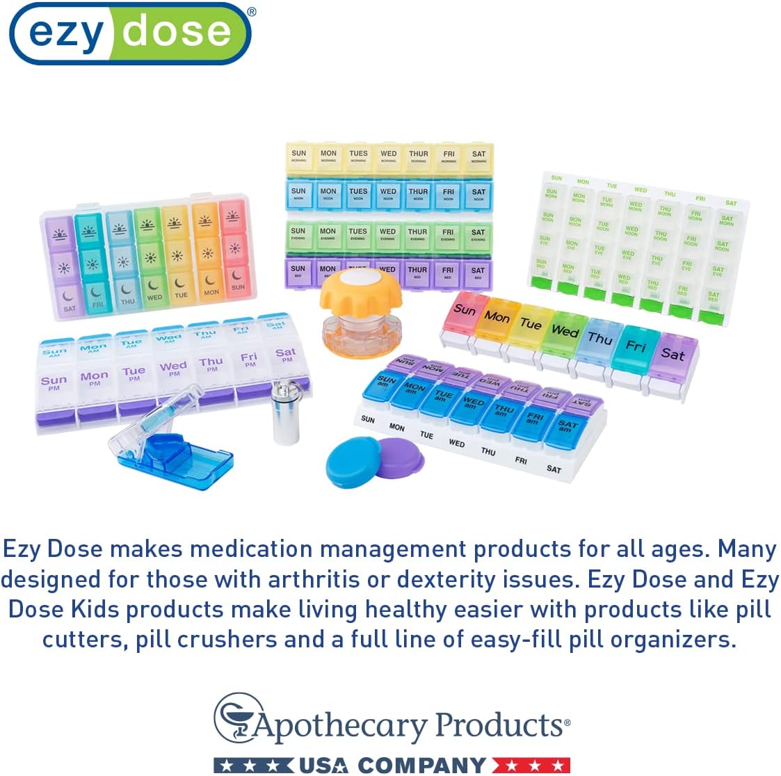 EZY DOSE Weekly (7-Day) Pill Case, Daily Medicine Planner, Vitamin Organizer Container, Large Push Button Compartments, Easy to Use, 3 Times a Day, Spring Open Design, Rainbow Lids, BPA Free