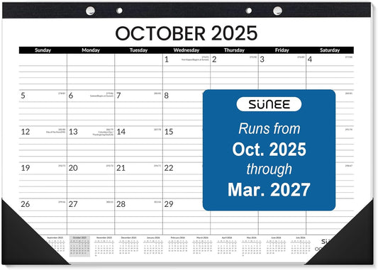 SUNEE Desk Calendar 2025-2026, 18 Months from Oct. 2025 to Mar. 2027, 17"x12" Academic 2026 Calendar for Home, School, or Office Desk Top Organizing, Black Monthy Calendar 2026