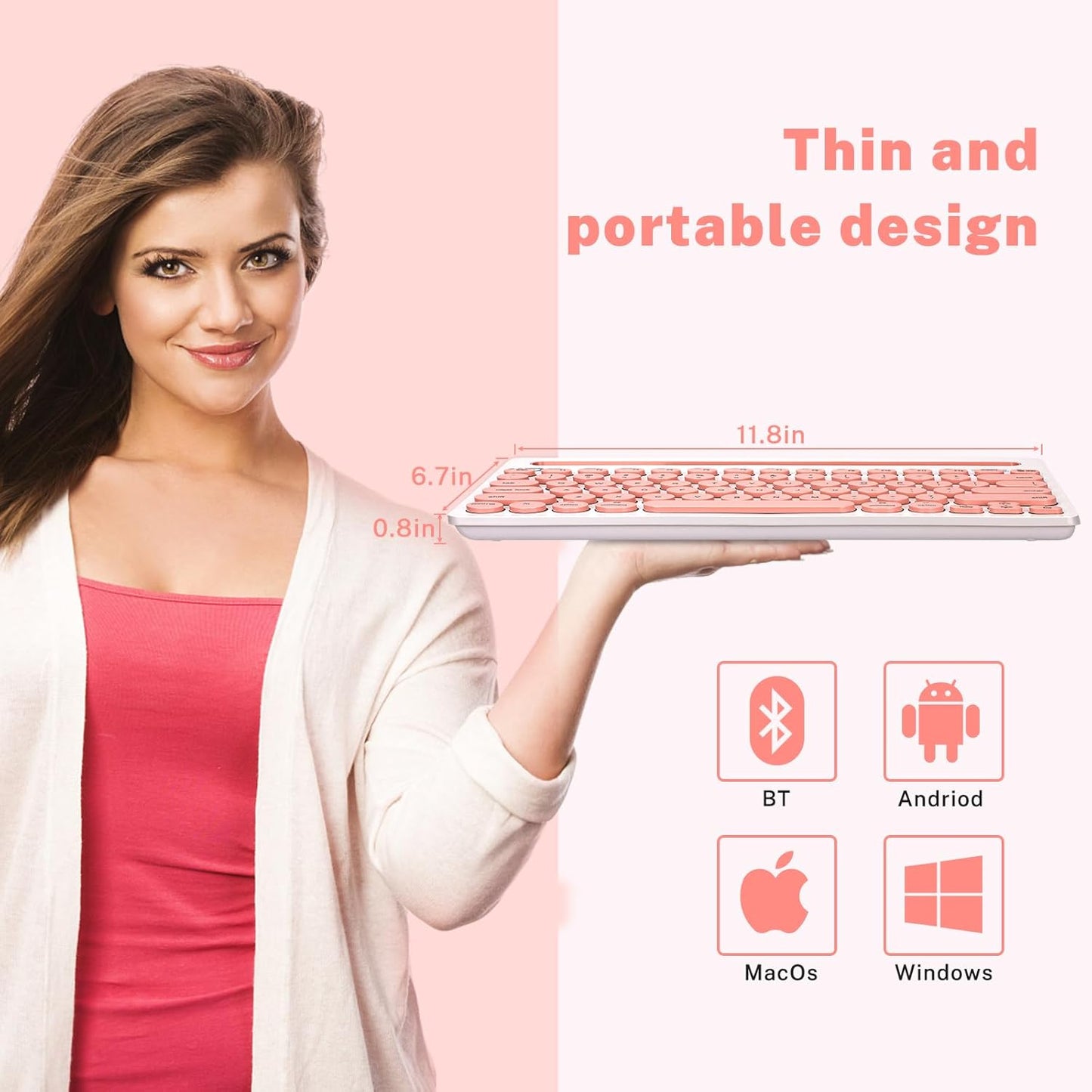 Dual Channel Multi-Device Universal Cute Wireless Bluetooth Keyboard Portable Slim with 20m Connection Distance for Tablet Smart Phone PC Windows Android iOS Mac (Pink)