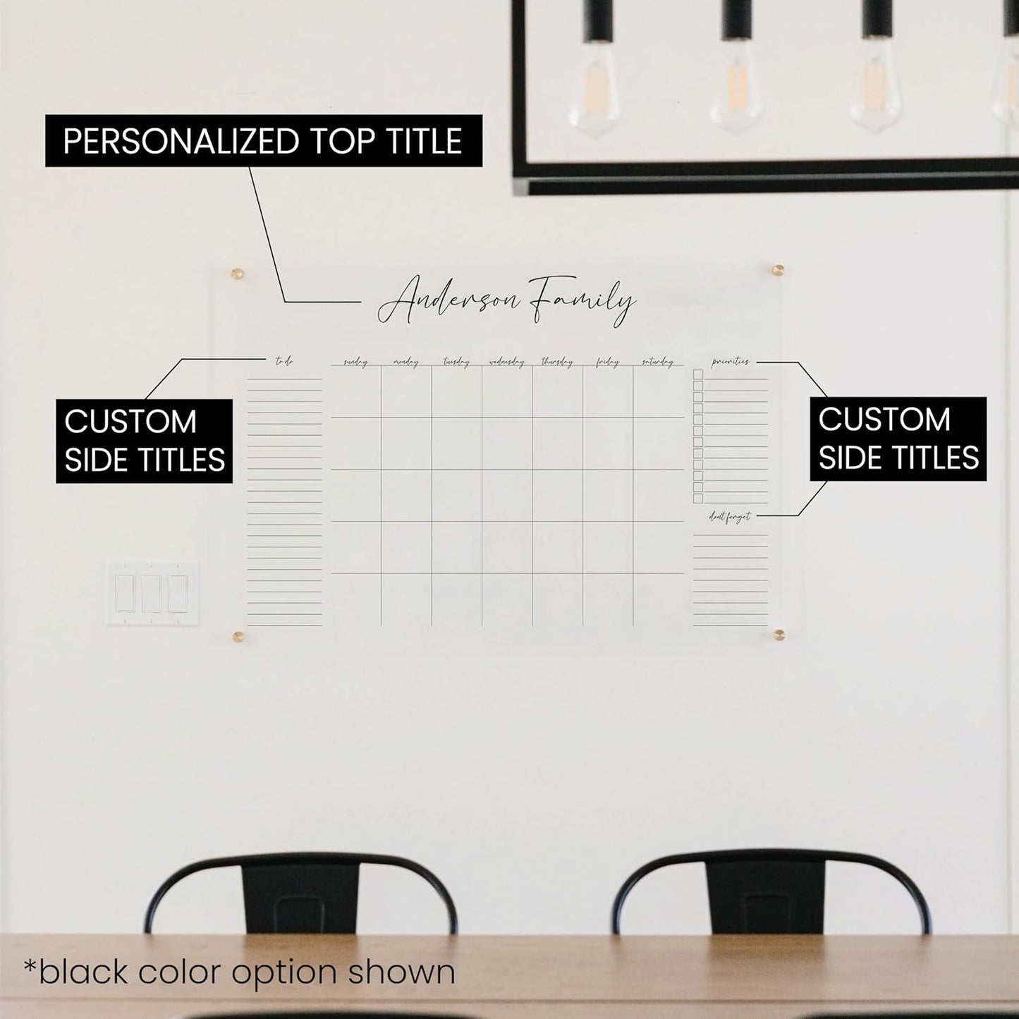 Personalized Clear Acrylic Calendar for Wall, Calendar Whiteboard for Wall, Dry Erase Wall Calendar, Wall Calendar Organizer System for Home (Cursive, Black, 14"W x 11"H)
