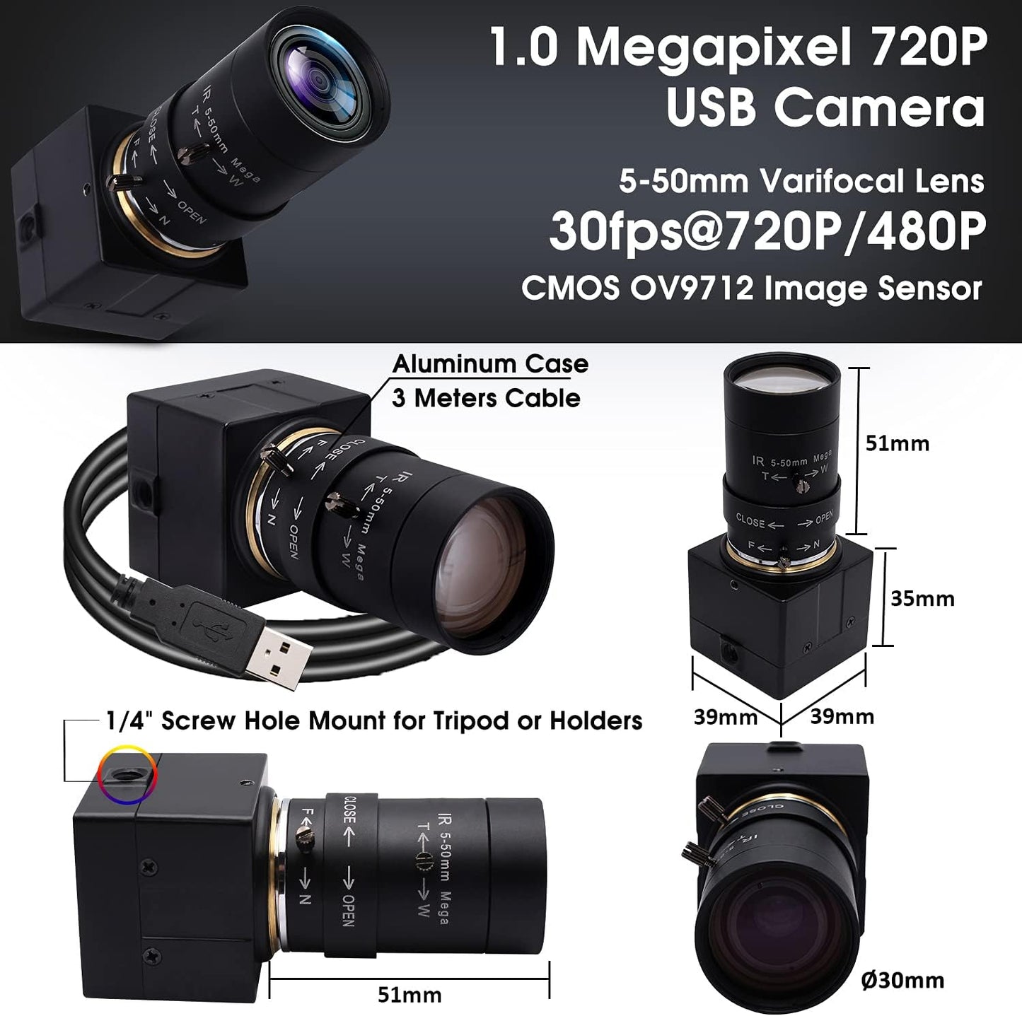 SVPRO Telephoto Webcam Mac Compatible 1MP USB Camera with 5-50mm Optical Zoom Lens Manual Focus Webcam UVC PC Cam for Windows Linux Android MAC,1280x720 USB2.0 CMOS Video Camera for Security,Streaming