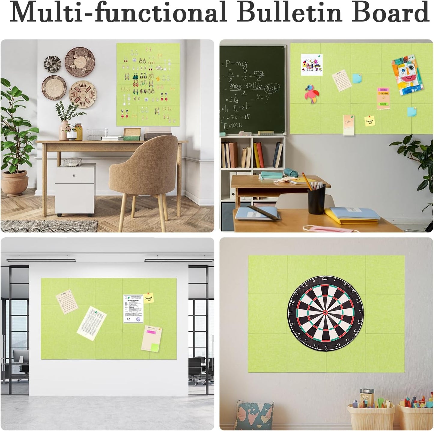 Large Cork Board Alternative, 12 Pack Felt Board with Safe Removable Adhesive Tabs Felt Wall Tiles, Large Cork Boards for Walls, Cork Board for Home Office, Pin Boards for Walls, Green